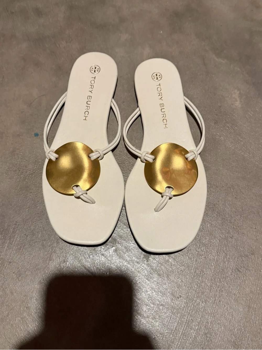 Tory Burch Patos White Leather Sandals with Gold Disc
